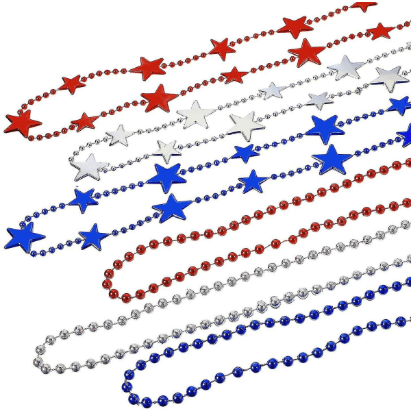 24 stycken 4:e juli Patriotiska Röd Silver Blå Halsband Stjärnformade Halsband Runda pärlhalsband För Independence Day Party Dekoration Tillbehör