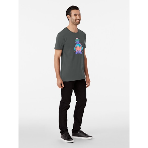 Söt och leende trädgårdsmästarflicka med kaktus och små växter kawaii Premium T-shirt Dark Grey XL_Front