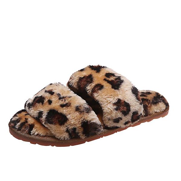 Damtofflor Flat Home Outdoor Casual Fur Tofflor Inomhus plysch tofflor Gul Leopard Brown 41