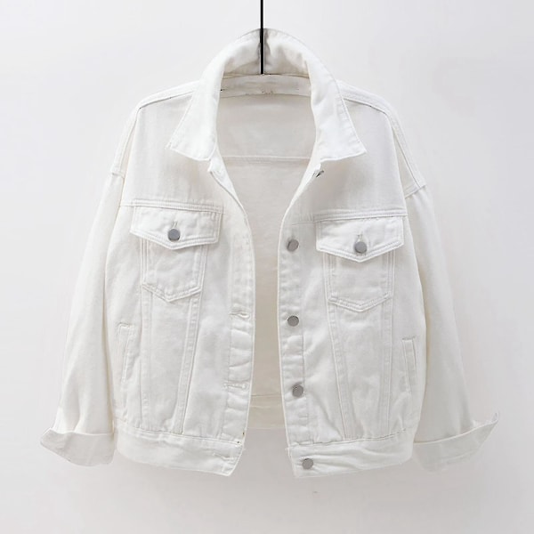 Kvinnor vår- och höstkappor Varma solida långärmade jeansjacka Ytterkläder White L