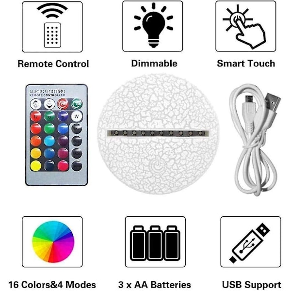 3D-lampor med fjärrkontroll, LED-lampa 16 färger Ljus Dimbar Touch Switch USB / batteriinsats, Bi