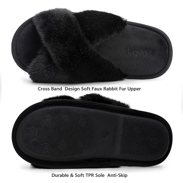 Kvinnors Tofflor Cross Band Mjuk plysch Furry Open Toe House Skor HB613 Black 41