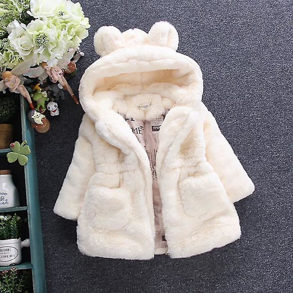 Barn Flickor Fluffig fuskpäls Hooded Parka Coat Fleece Tjock Jacka Vinter Ytterkläder White 2-3 Years