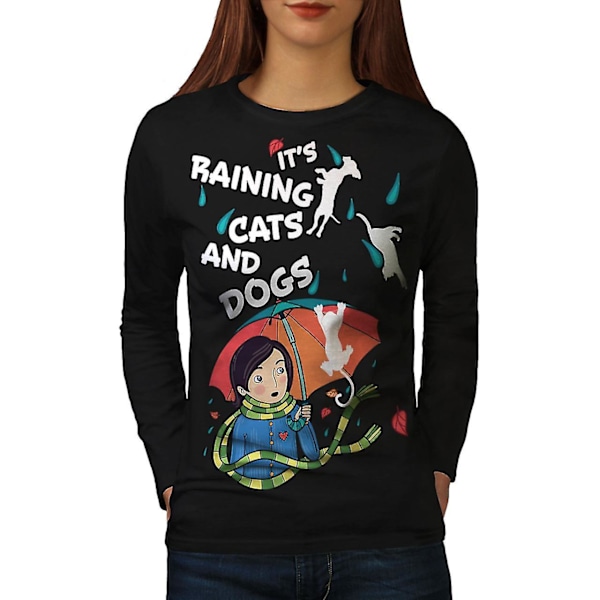 Regnande katter hundar kvinnor svart långärmad T-shirt M