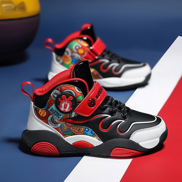 Barn Basketskor Mode Pojkar Flickor Sneakers Andas Sportskor 7692 BlackRed 30