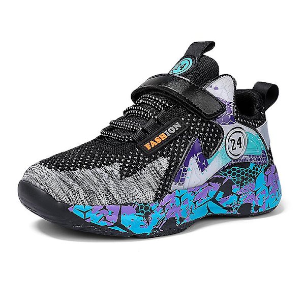 Basketskor för barn Mode Pojkar Flickor Sneakers Andas Sportskor 2202 BlackPurple 34