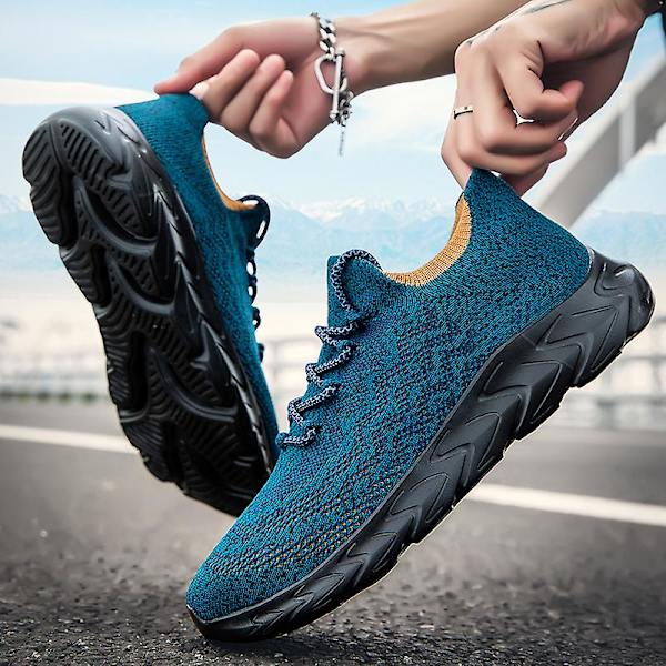 Sneakers för flugvävning för män Andas löparskor Mode sportskor 3A836 Blue 41