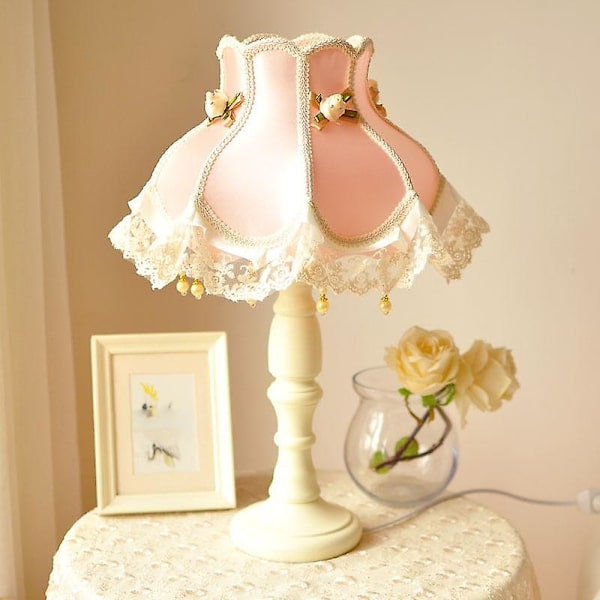 Sovrumsbordslampa Spets Lampskärm Tofs Trä Skrivbordsbelysning Sänglampa E27d92(B)