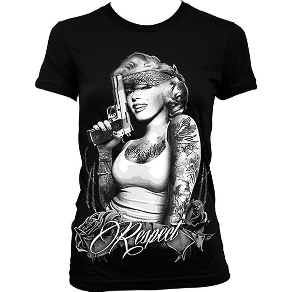 Respektera Marilyn Monroe med tatueringar och pistol, dam Junior Fit T-shirt (svart)