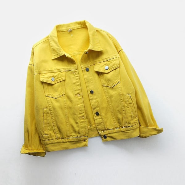Kvinnor vår- och höstkappor Varma solida långärmade jeansjacka Ytterkläder Yellow L