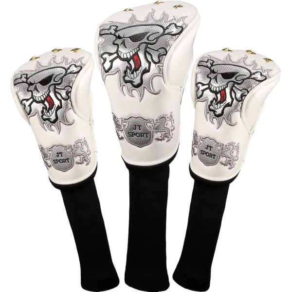 Läder Skull Head Broderi Style Golf Club Headcover Set Protector