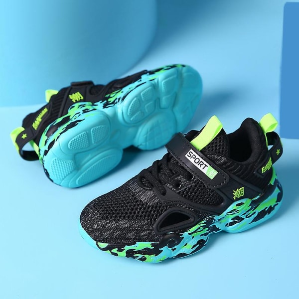 Sneakers för barn för pojkar, flickor, löpning tennisskor, lätt andas sport, atletisk 3Bk733 BlackGreen 29