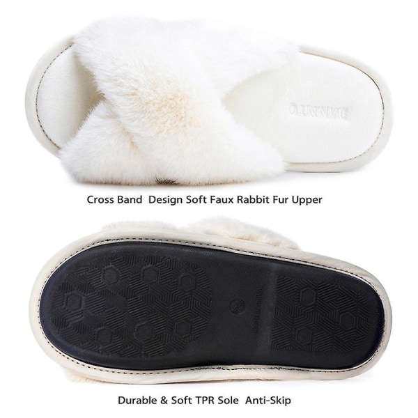 Kvinnors Tofflor Cross Band Mjuk plysch Furry Open Toe House Skor HB613 White 36