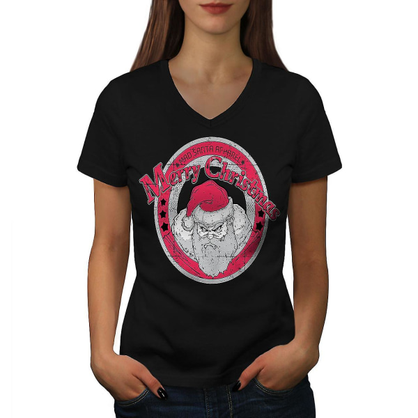 Angry Santa Christmas Women Svart T-shirt med halsringning XL