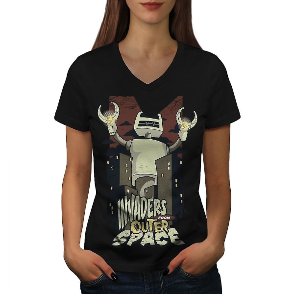 Invaders Space Robot Geek T-shirt med svart halsringning för kvinnor XL