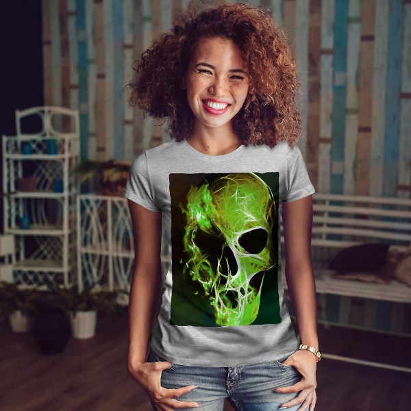 Green Flame Death Skull Women T-shirt M