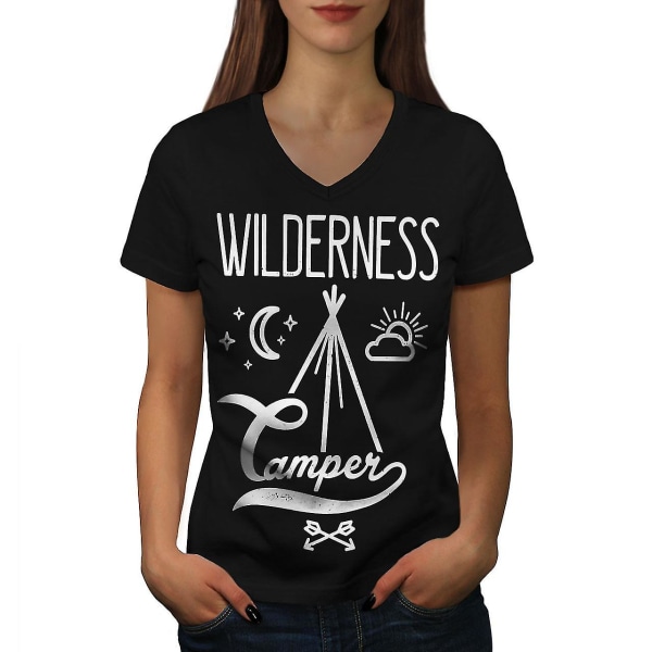 Wild Camper Moon Dam T-shirt med svart v-ringad hals L