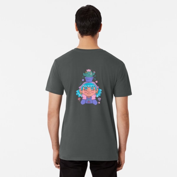 Söt och leende trädgårdsmästarflicka med kaktus och små växter kawaii Premium T-shirt Dark Grey L_Back