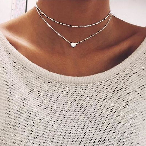 2st Halsband Boho Silver Choker Dubbel Kedja Smycken Kvinnor Pärlor Halsband Sliver