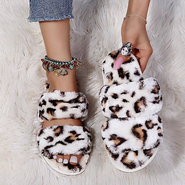 Damtofflor Flat Home Outdoor Casual Fur Tofflor Inomhus plysch tofflor Gul Leopard White 41