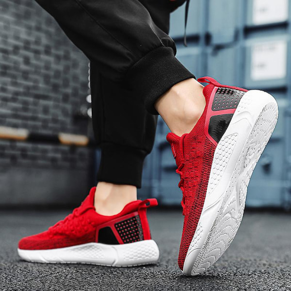 Sneakers för flugvävning för män Andas löparskor Mode sportskor 3A1011 Red 41