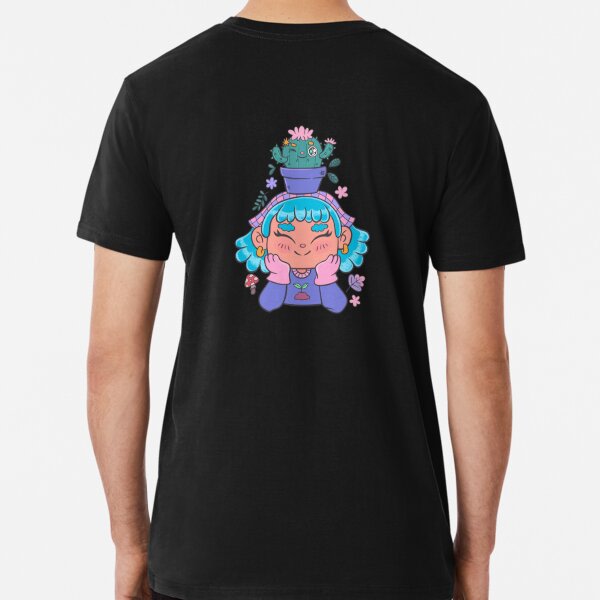 Söt och leende trädgårdsmästarflicka med kaktus och små växter kawaii Premium T-shirt Black 3XL_Back