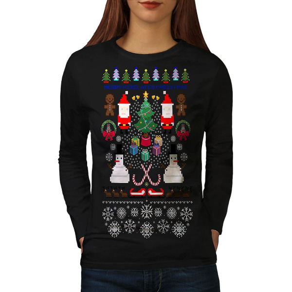 Santa Snowman Christmas Women Blacklong Sleeve T-shirt S