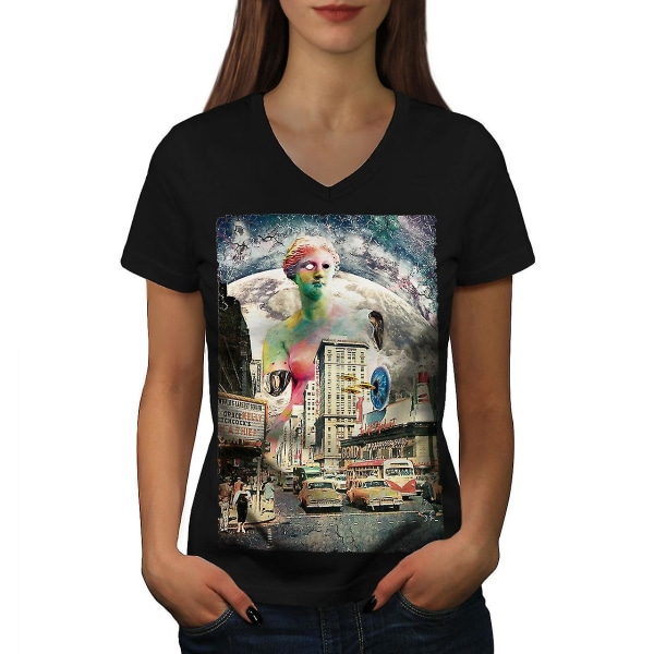 Abstrakt City Mars T-shirt med svart halsringning för kvinnor L