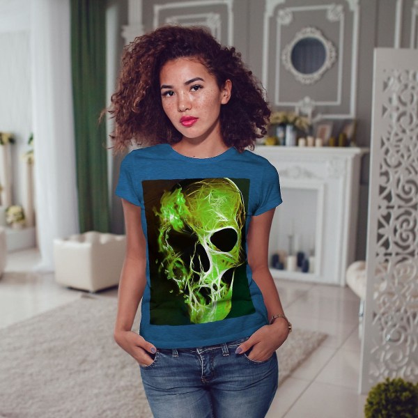 Green Flame Death Skull Kunglig T-shirt för kvinnor L