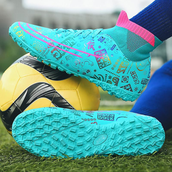 Fotbollsskor för män Fotbollsskor med hög ankel för vuxna Grästräning Sport Skor Sneakers 2J339 Cyan 41