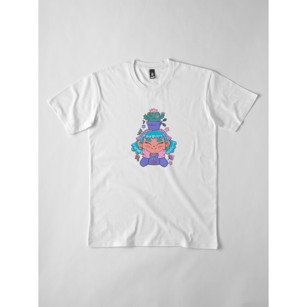 Söt och leende trädgårdsmästarflicka med kaktus och små växter kawaii Premium T-shirt White S_Front