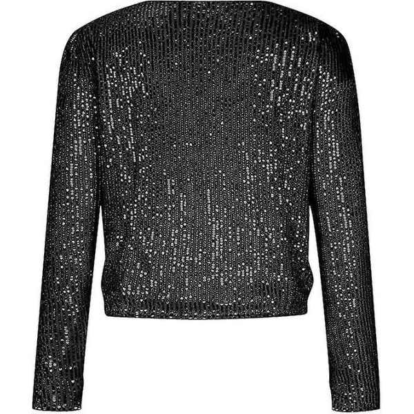 Kvinnor Paljettkavaj Öppen Front Jacka Party Christmas Puff Sleeve Sparkly Coats Black 2XL