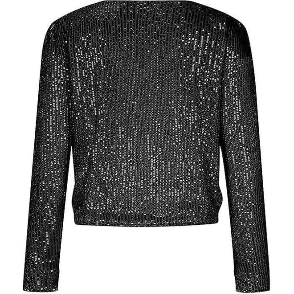 Kvinnor Paljettkavaj Öppen Front Jacka Party Christmas Puff Sleeve Sparkly Coats Black 2XL