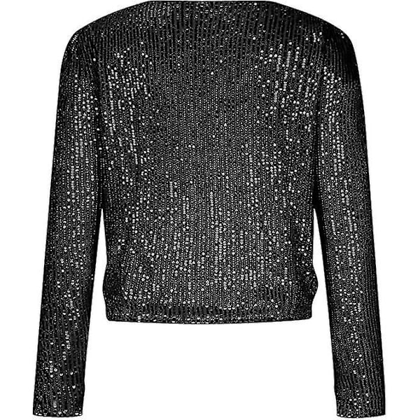 Kvinnor Paljettkavaj Öppen Front Jacka Party Christmas Puff Sleeve Sparkly Coats Black L