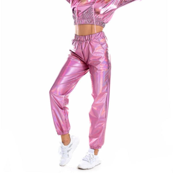Damenmode Holographic Streetwear Club Cool Shiny Causal Pants Rosa