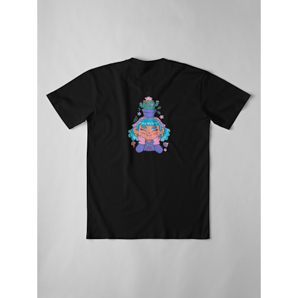 Söt och leende trädgårdsmästarflicka med kaktus och små växter kawaii Premium T-shirt Black 3XL_Back