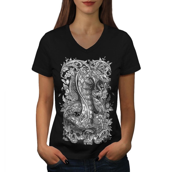 Horror Snake Dead Fantasy Women Svart T-shirt med halsringning 3XL