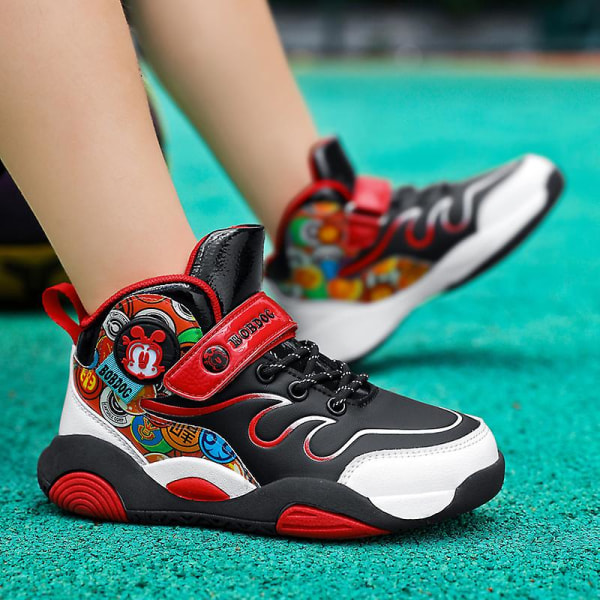 Barn Basketskor Mode Pojkar Flickor Sneakers Andas Sportskor 7692 BlackRed 30