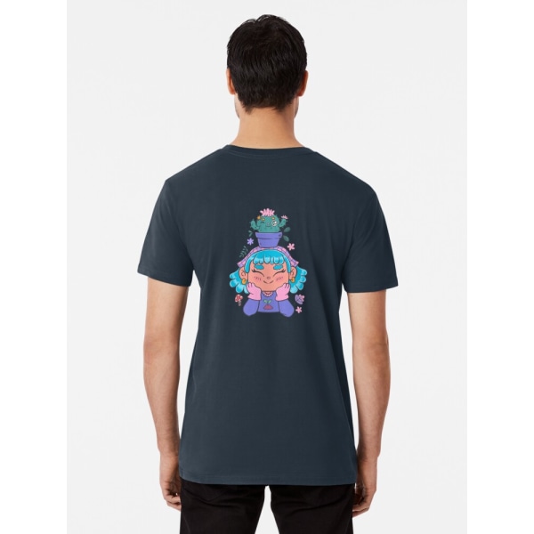 Söt och leende trädgårdsmästarflicka med kaktus och små växter kawaii Premium T-shirt Navy 2XL_Back