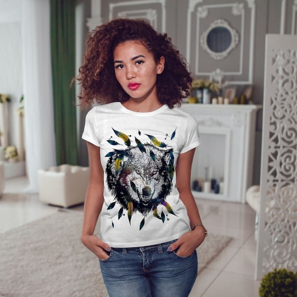 Wolf Feather Face T-shirt för kvinnor XXL