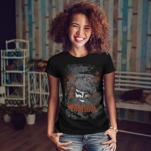 Orange Death Skull Women Blackt-shirt | Wellcoda XXL