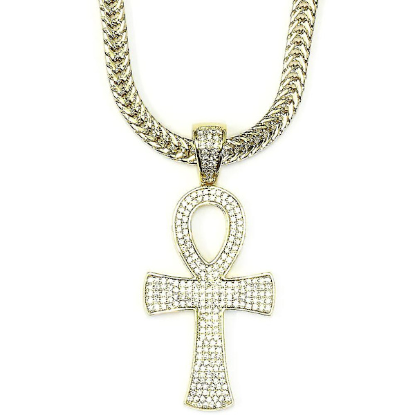 18k guldpläterad Cz Ankh korshänge med 2,4 mm platt Franco Box-kedja