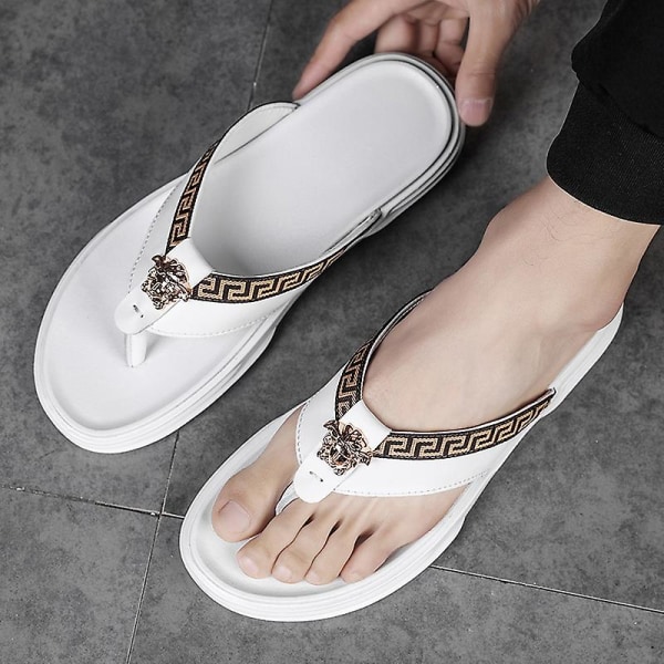 Herrflip-flops Läder Casual Sandaler Tofflor Mode Trend Strandskor 20223 White 41