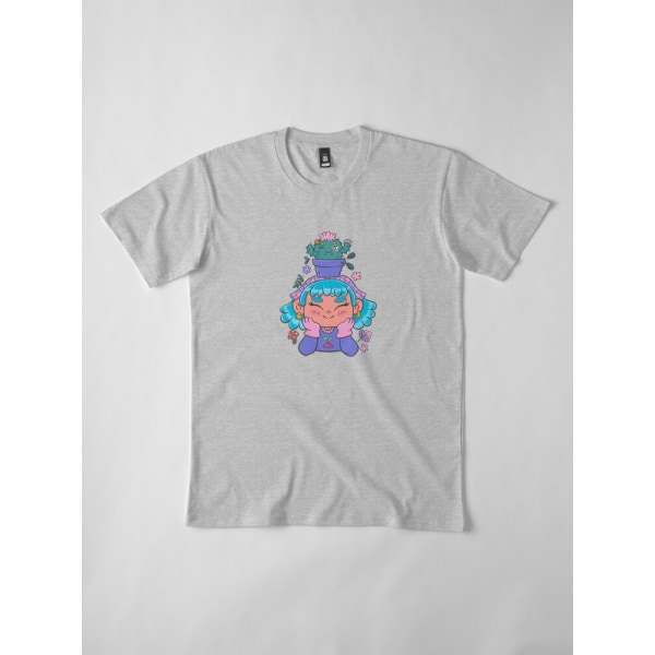 Söt och leende trädgårdsmästarflicka med kaktus och små växter kawaii Premium T-shirt Heather Grey S_Front