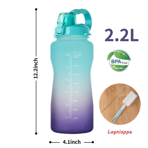 2000 ml motiverande vattenflaska utomhus med tidsmarkör och sugrör, läckagesäker Tritan Bpasports flaska PinkGreen