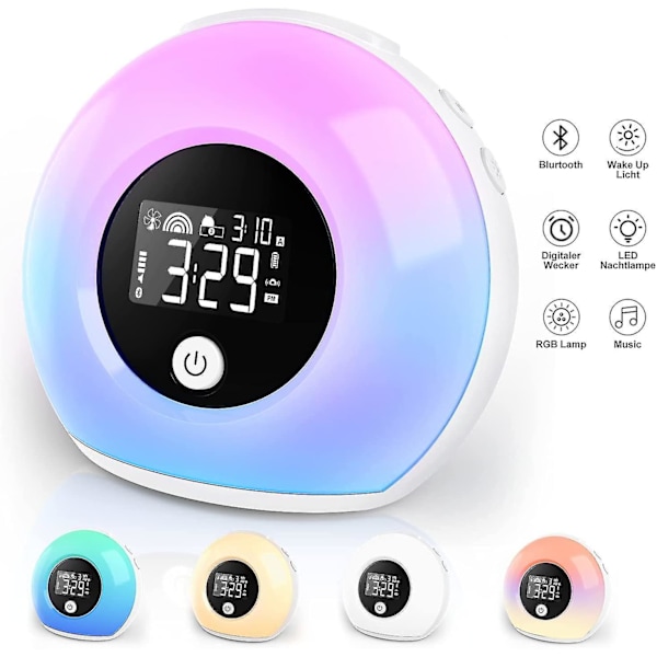 Wake Up Light ljus väckarklocka med bluetooth högtalare, väckarklocka barn med nattlampa, resor