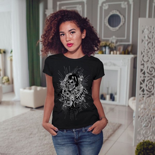 Die Young Flower Skull Women Blackt-shirt | Wellcoda M