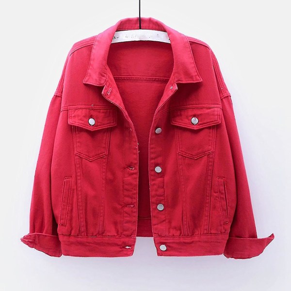 Kvinnor vår- och höstkappor Varma solida långärmade jeansjacka Ytterkläder Red L