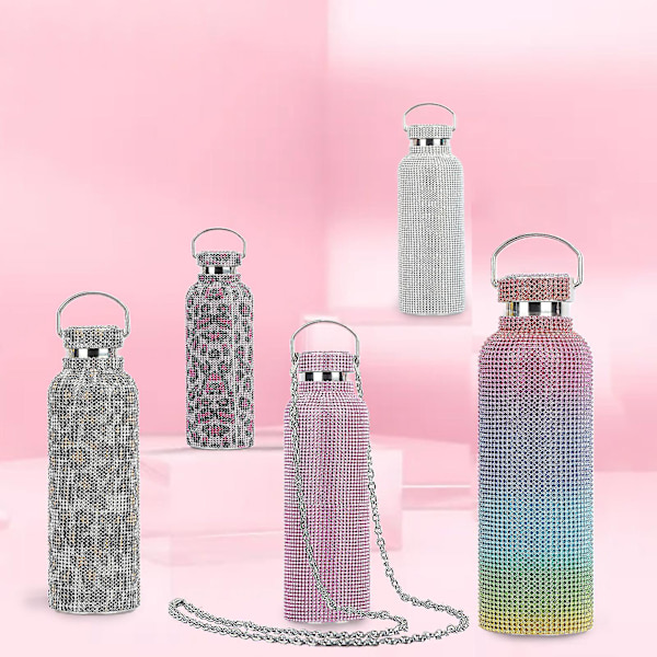 350ml/500ml/750ml isolerad flaska strass inlagd thermal rostfritt stål Barnisolerad vattenkopp för resor Leopard Pink 750ML