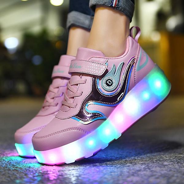 Barnsneakers Dubbelhjulsskor Pojkar Flickor Led Light Skor Fr916 Pink1 34